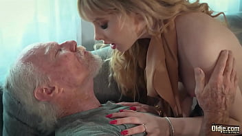 Blonde bombshell pleasures an elderly gentleman with her oral skills and eagerly takes his climax in her mouth