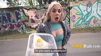 A petite European girl gets a wild creampie from a random stranger